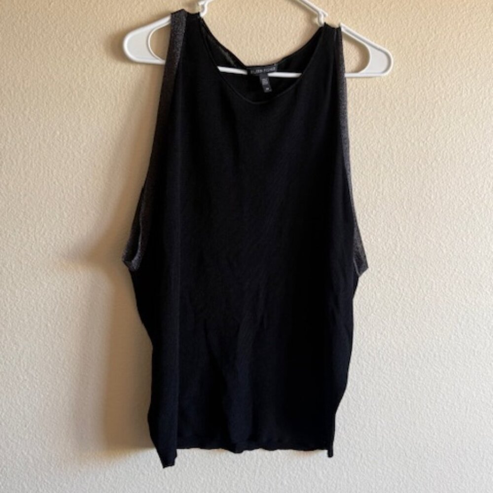 Eileen Fisher Black Rayon Nylon Crinkle Knit Shimmer Trim Sleeveless Top